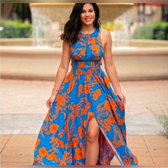 Anthropology ABEL THE LABEL Charlotte Floral Boho Halter Blue Long Maxi Dress M - Picture 2 of 12